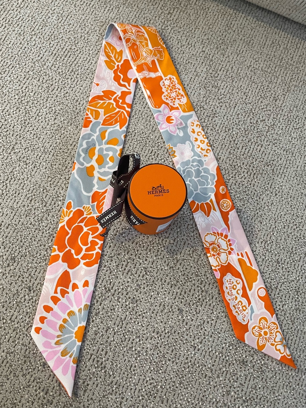 Hermès Silk Bingata Twilly in Orange, Pink & Grey
